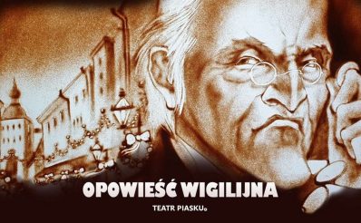 Plakat zapraszający do Olsztyna na spektakl Teatru Piasku Tetiany Galitsyny "Opowieść Wigilijna" Olsztyn 2023.