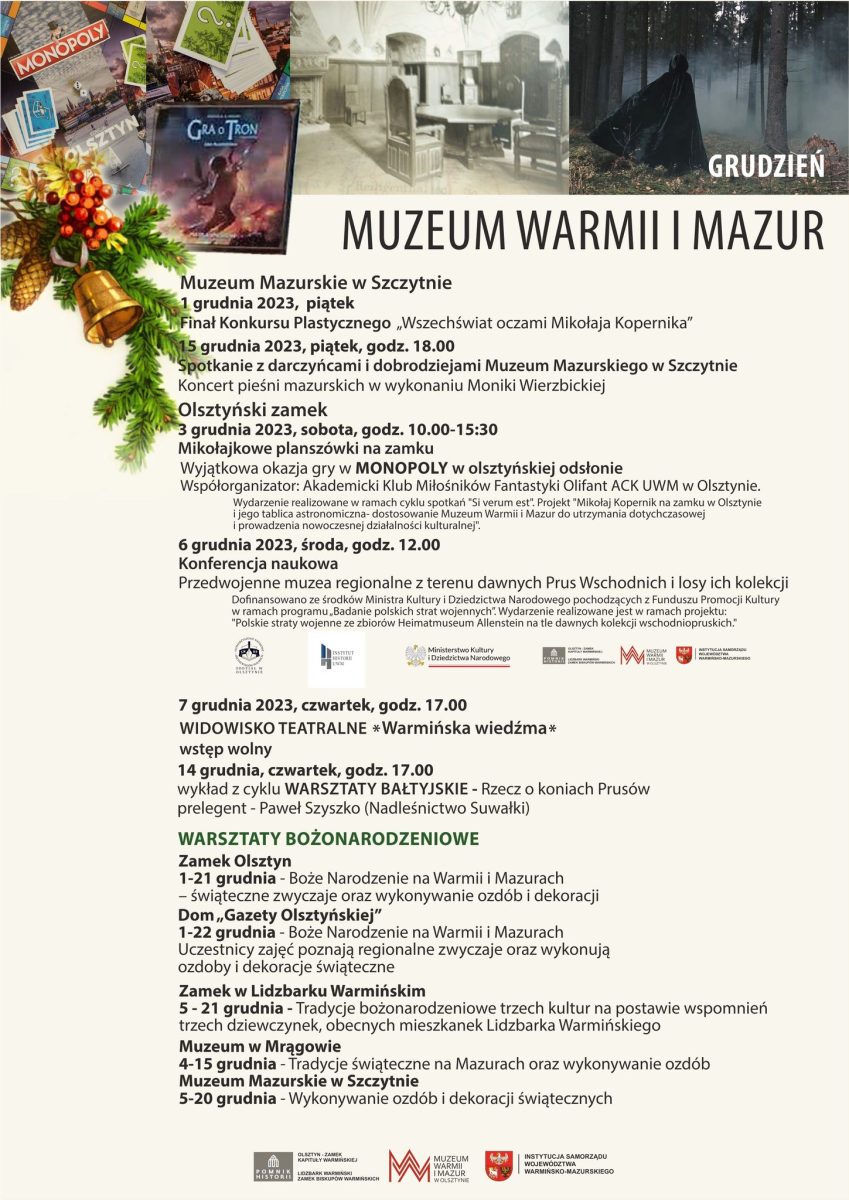 Terminarz wydarzeń w muzeach Warmii i Mazur w grudniu 2023 r.
