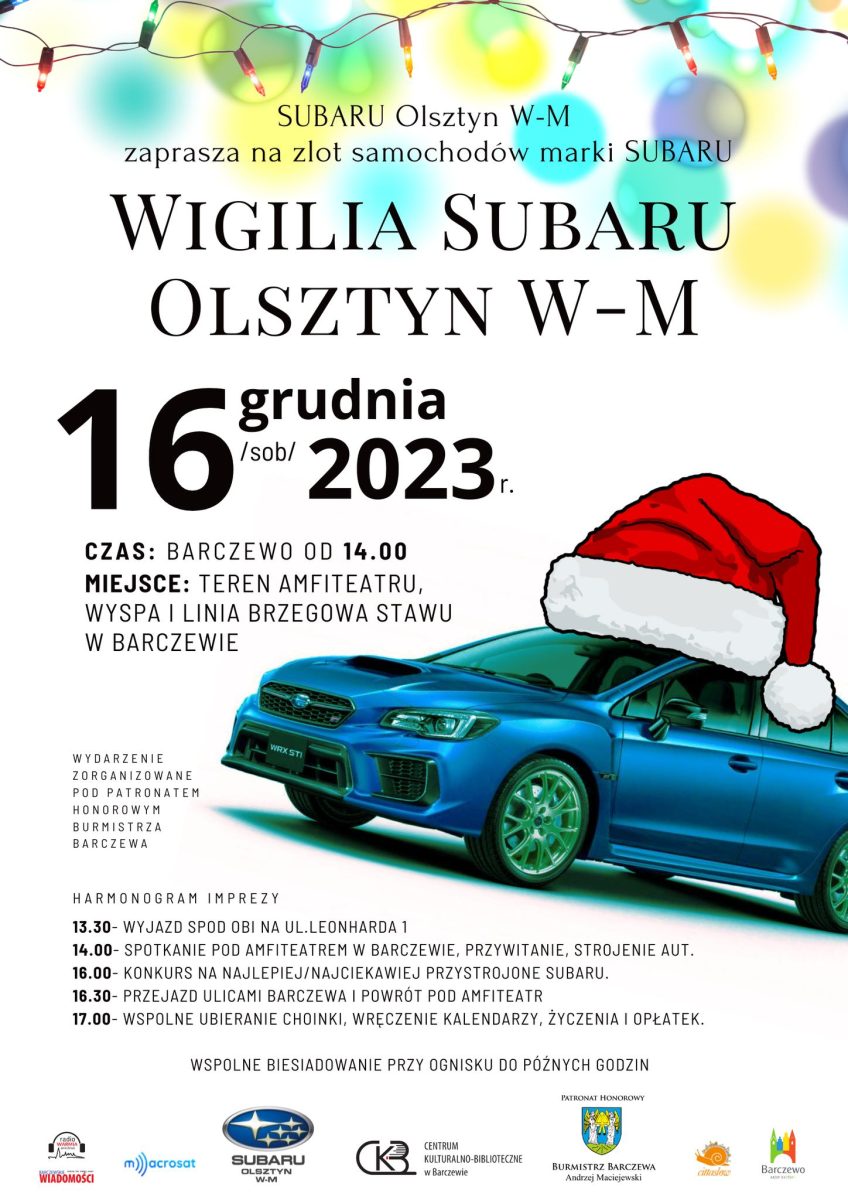 Zdjęcie zapraszające w sobotę 16 grudnia 2023 r. do Barczewa na Zlot Wigilijny aut SUBARU Barczewo W-M 2023.