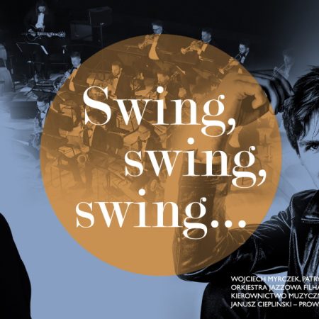 Plakat zapraszający w piątek 15 grudnia 2023 r. do Olsztyna na koncert "Swing, swing, swing…" Filharmonia Olsztyn 2023.