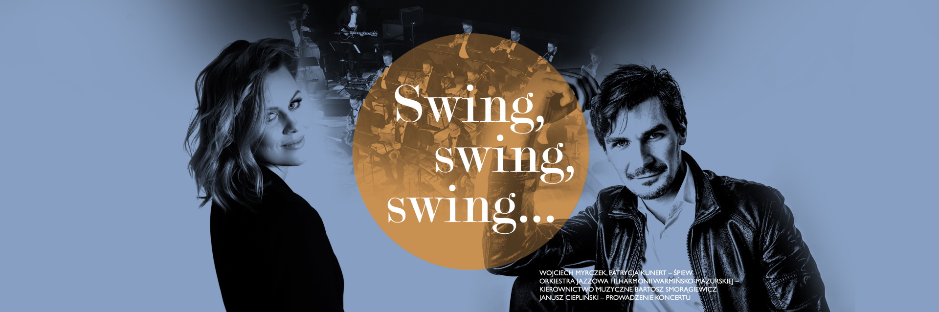 Plakat zapraszający w piątek 15 grudnia 2023 r. do Olsztyna na koncert "Swing, swing, swing…" Filharmonia Olsztyn 2023.