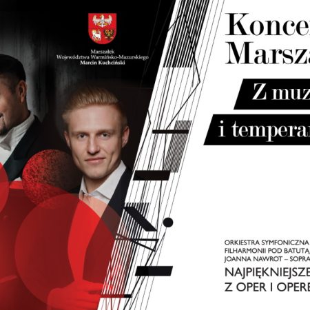 Plakat zapraszający w piątek 5 stycznia 2024 r. do Filharmonii w Olsztynie na Koncert Marszałkowski - "Z muzą, czarem i temperamentem" Filharmonia Olsztyn 2024.