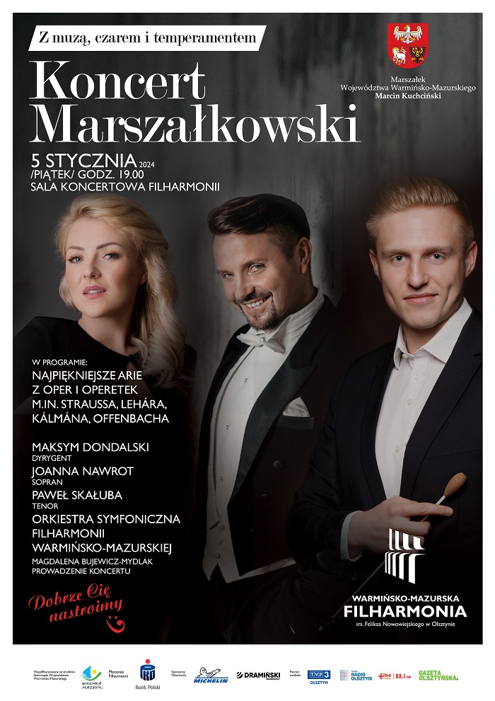 Plakat zapraszający w piątek 5 stycznia 2024 r. do Filharmonii w Olsztynie na Koncert Marszałkowski - "Z muzą, czarem i temperamentem" Filharmonia Olsztyn 2024.