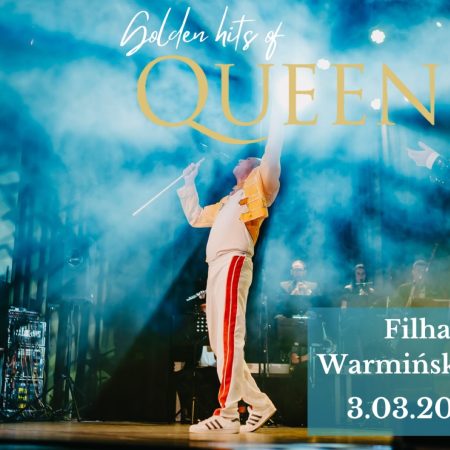 Plakat zapraszający w niedzielę 3 marca 2024 r. do Filharmonii w Olsztynie na koncert Golden hits of Queen - z orkiestrą symfoniczną! Filharmonia Olsztyn 2024.