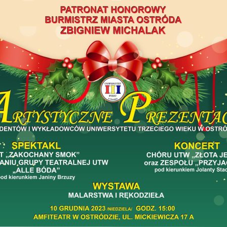 Plakat zapraszający w niedzielę 10 grudnia 2023 r. do Ostródy na koncert - Artystyczne Prezentacje Ostróda 2023.