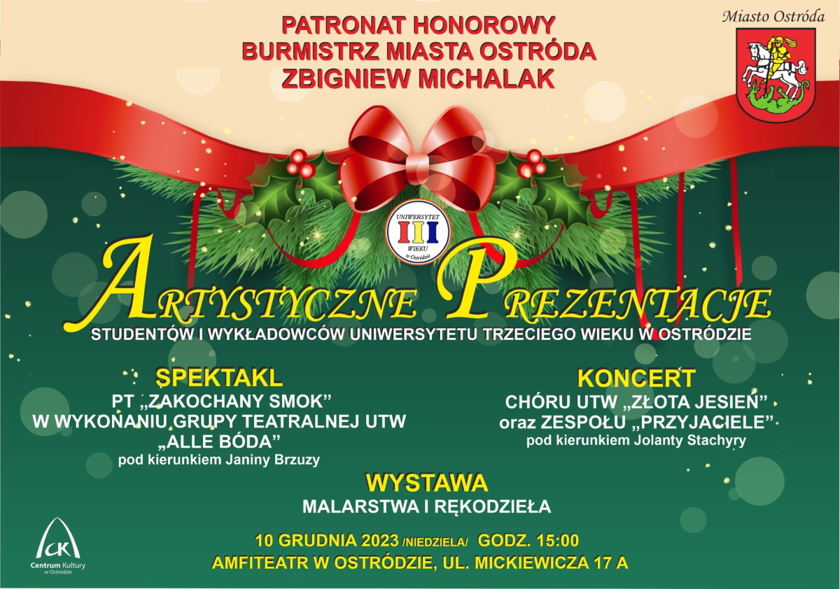 Plakat zapraszający w niedzielę 10 grudnia 2023 r. do Ostródy na koncert - Artystyczne Prezentacje Ostróda 2023.