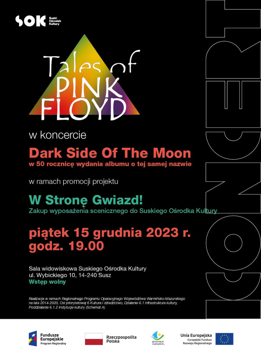 Plakat zapraszający w piątek 15 grudnia 2023 r. do miejscowości Susz na koncert Tales of PINK FLOYD Susz 2023.