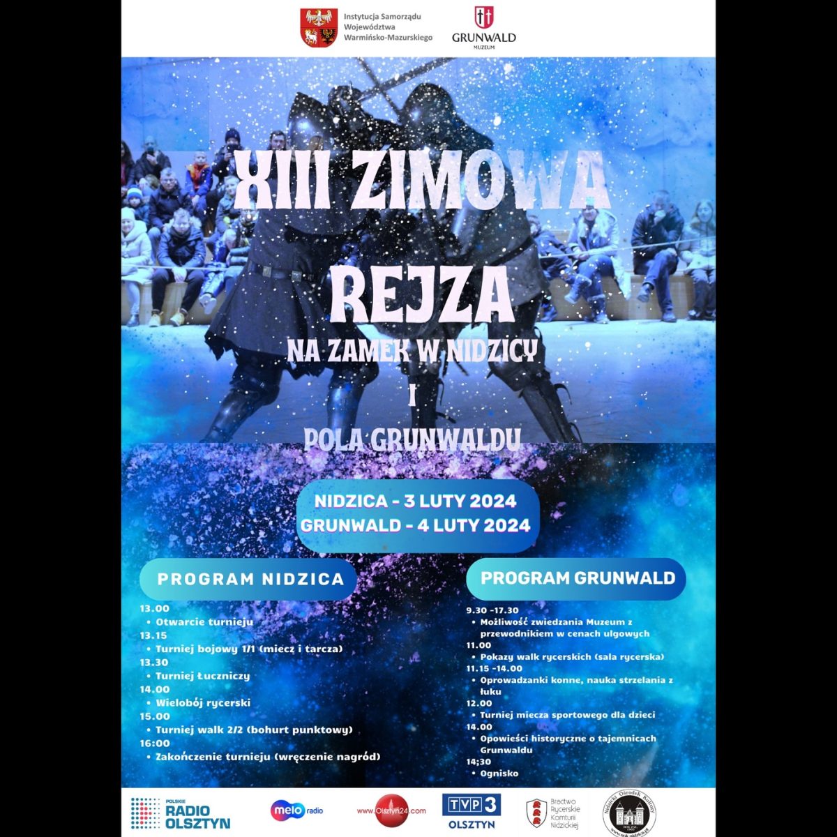 Plakat zapraszający do Zamku w Nidzicy oraz na Pola Grunwaldu na 13. edycję Zimowej Rejzy 2024. 