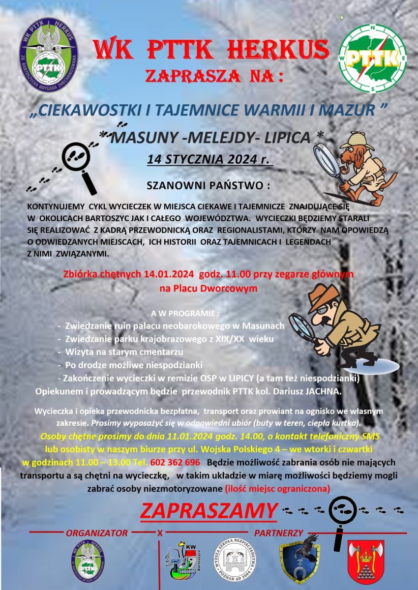 Plakat zapraszający w niedzielę 14 stycznia 2024 r. do Bartoszyc na wycieczkę "Ciekawostki i Tajemnice Warmii i Mazur" Bartoszyce 2024.
