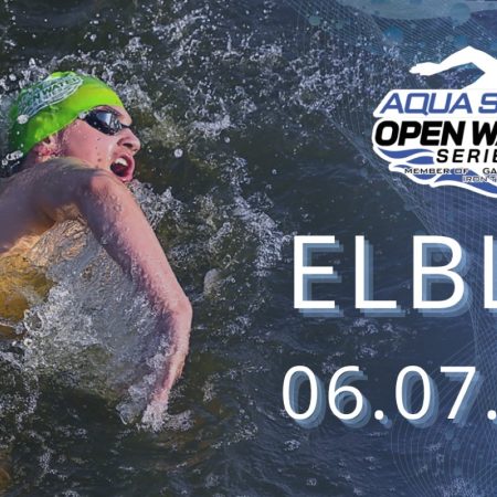 Plakat zapraszający w sobotę 6 lipca 2024 r. do Elbląga na kolejną edycję imprezy sportowej Aqua Speed Open Water Series Elbląg 2024.