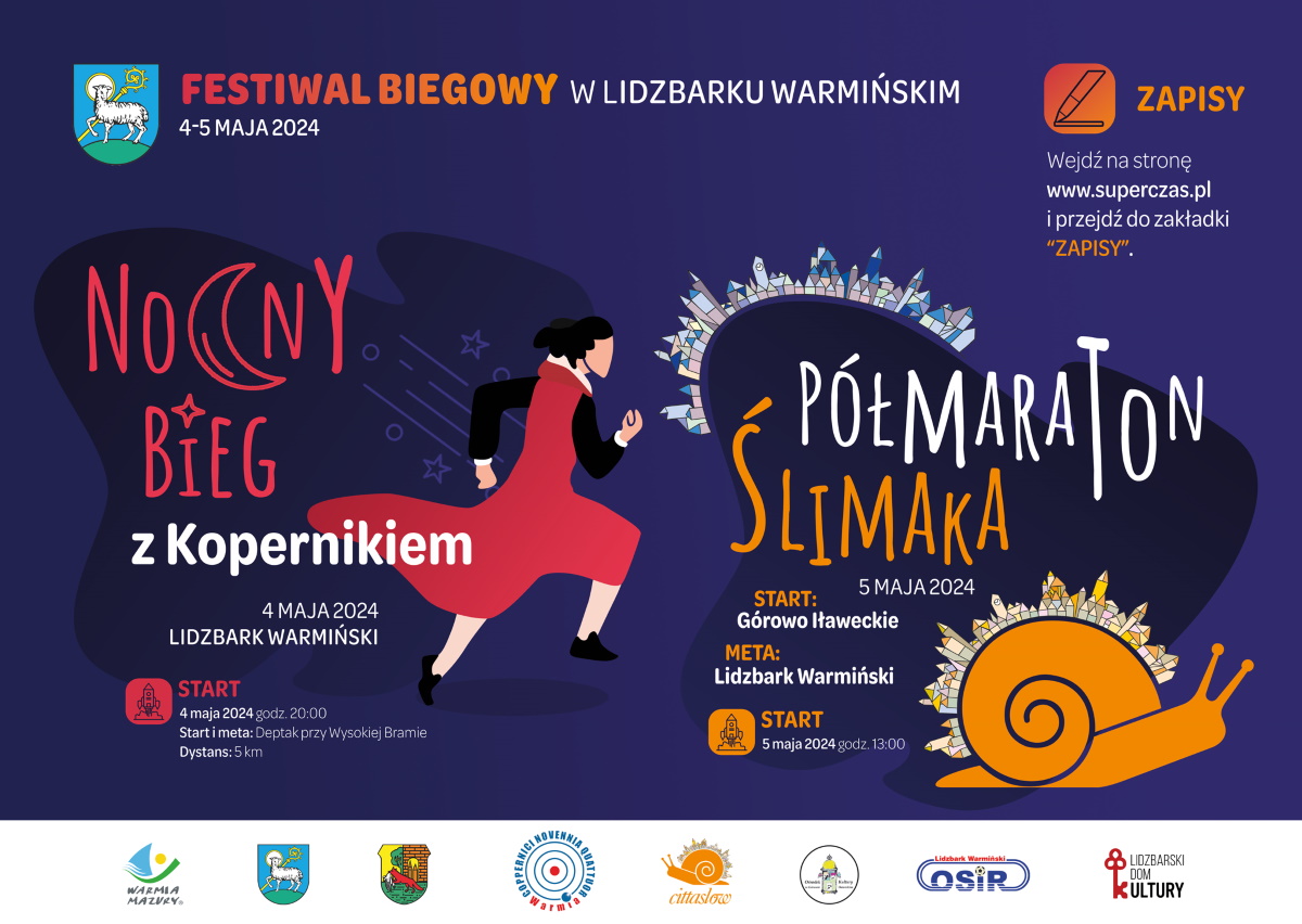 Plakat zapraszający do Lidzbarka Warmińskiego na 2. edycję festiwalu biegowego – Nocny Bieg z Kopernikiem oraz Półmaraton Ślimaka Lidzbark Warmiński 2024.