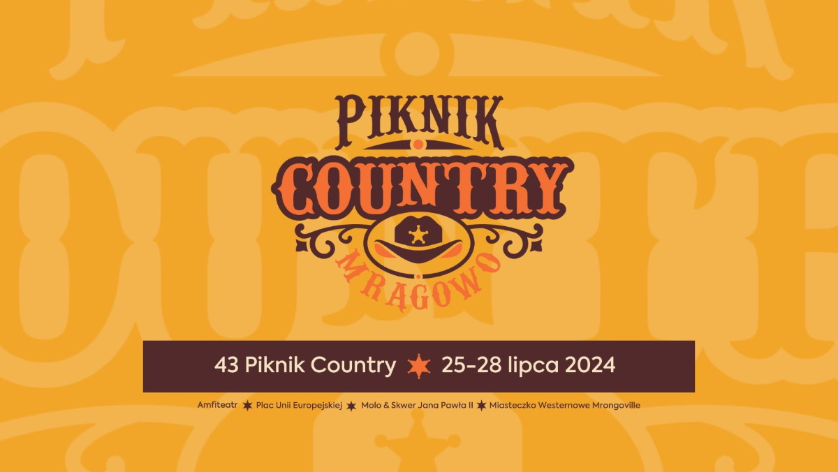 Plakat zapraszający w dniach 25-28 lipca 2024 r. do Mrągowa na 43. edycję Piknik Country Mrągowo 2024.