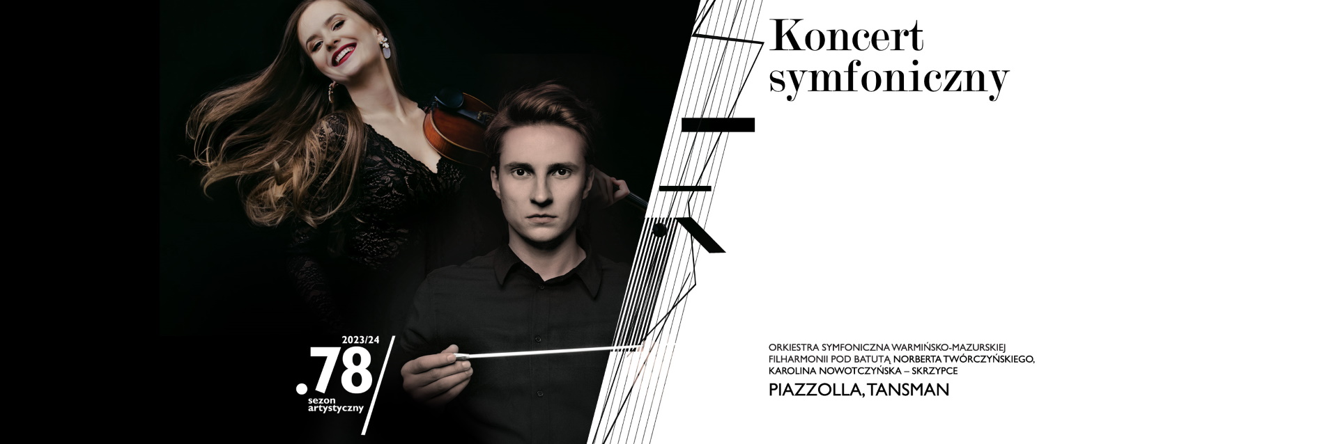 Plakat zapraszający w piątek 12 stycznia 2024 r. do Olsztyna na Koncert Symfoniczny Filharmonia 2024.