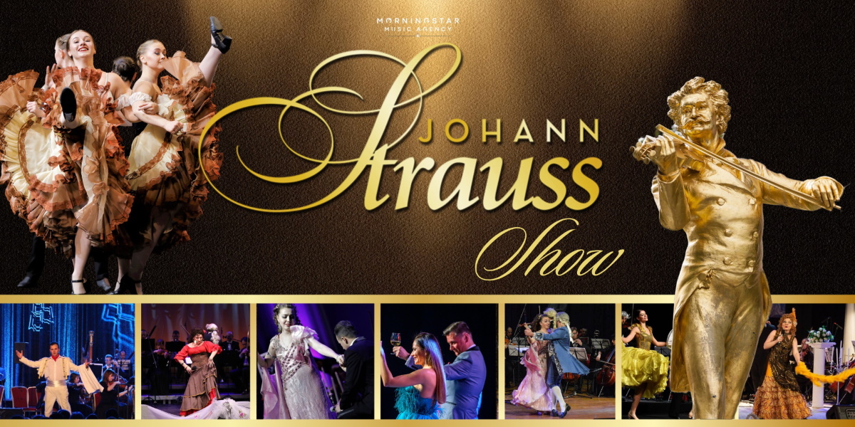 Plakat zapraszający w niedzielę 14 stycznia 2024 r. do Olsztyna na Koncert Wielka Gala Johann Strauss Show! Filharmonia Olsztyn 2024.