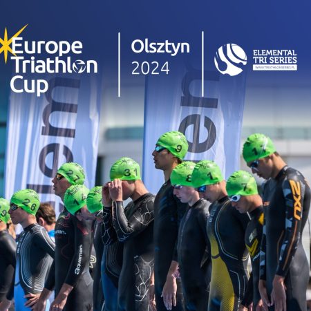 Plakat zapraszający w sobotę 25 maja 2024 r. do Olsztyna na kolejną edycję Pucharu Europy w Triathlonie Olsztyn 2024. 