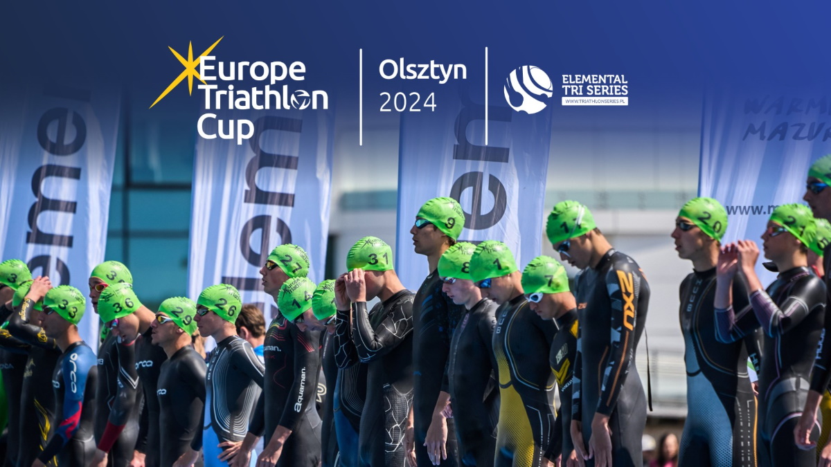 Plakat zapraszający w sobotę 25 maja 2024 r. do Olsztyna na kolejną edycję Pucharu Europy w Triathlonie Olsztyn 2024. 