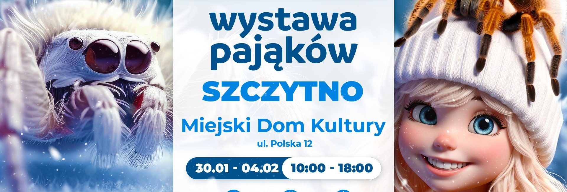 Plakat zapraszający w dniach od 30 stycznia do 4 lutego 2024 r. do Szczytna ferie zimowe - Wystawa Pająków Szczytno 2024.
