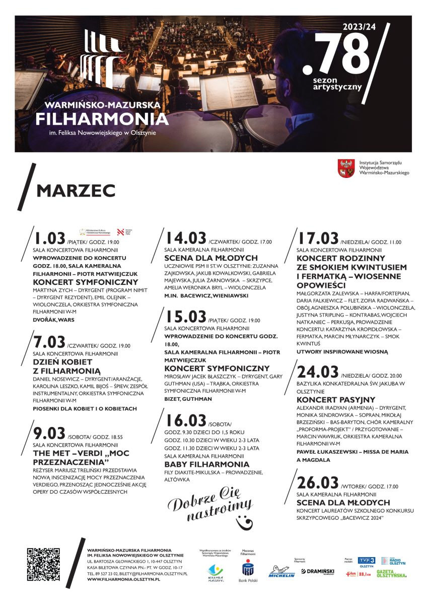 Kalendarz koncertów w miesiącu marcu 2024 w Filharmonii Olsztyn. 