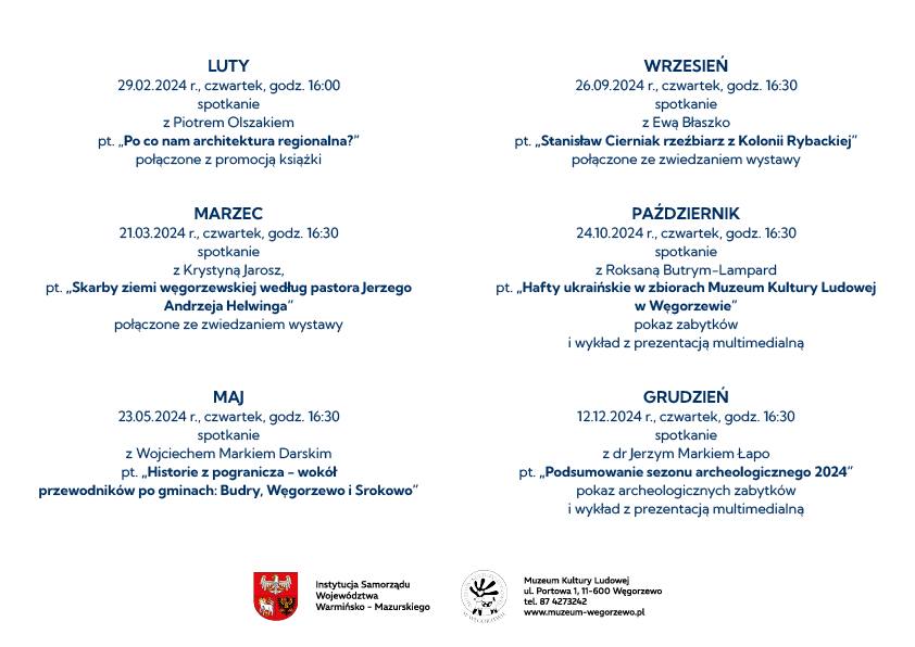 Kalendarz spotkań w Muzeum Kultury Ludowej w Węgorzewie w roku 2024. 