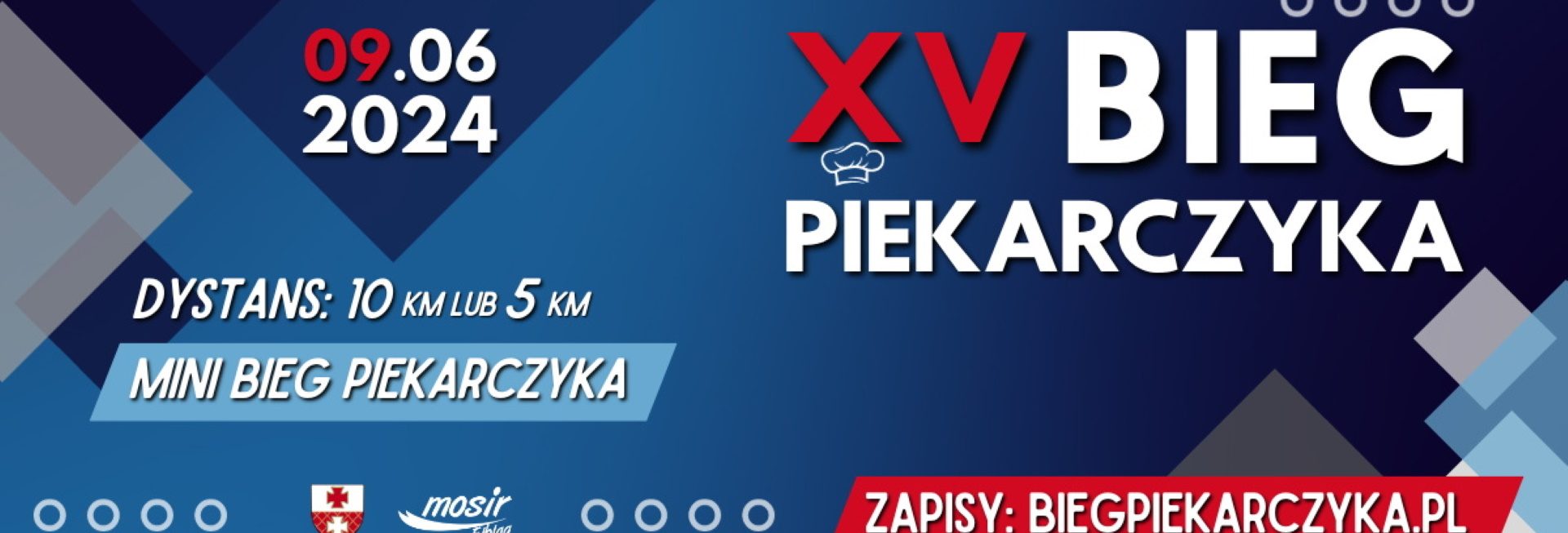 Plakat zapraszający w niedzielę 9 czerwca 2024 r. do Elbląga na cykliczną imprezę 15. edycję Ulicznego Biegu Piekarczyka Elbląg 2024.