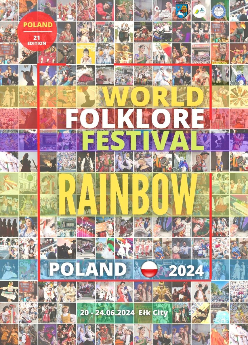 Plakat zapraszający w dniach 20-24 czerwca 2024 r. do Ełku na 21. edycję Światowego Festiwalu Folkloru Tęcza 2024 – World Folklore Festival Rainbow Ełk 2024.