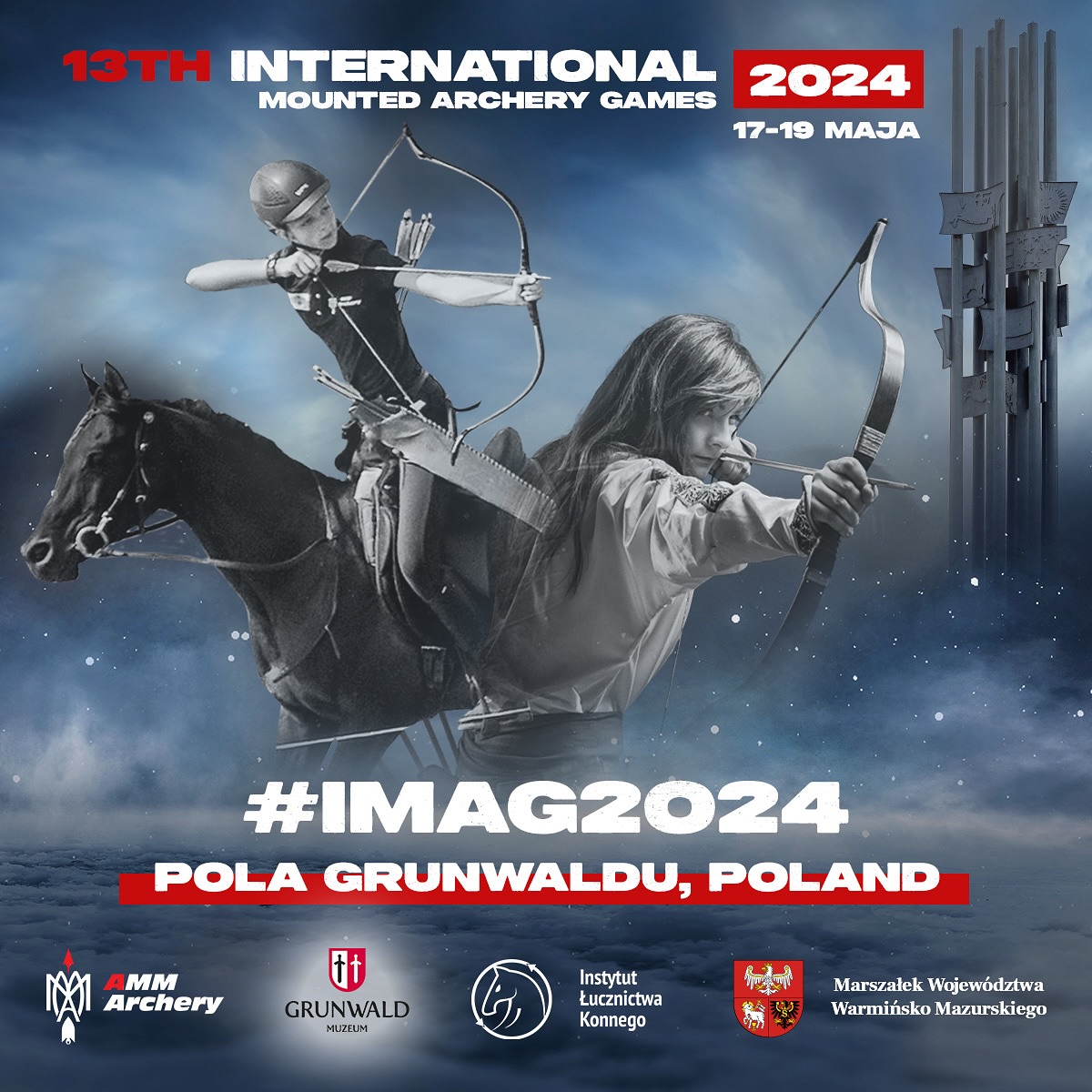 Plakat zapraszający w dniach 17-19 maja 2024 r. do Grunwaldu na Majówkę z Łukiem i Koniem – Międzynarodowe Zawody Łucznictwa Konnego Grunwald 2024.