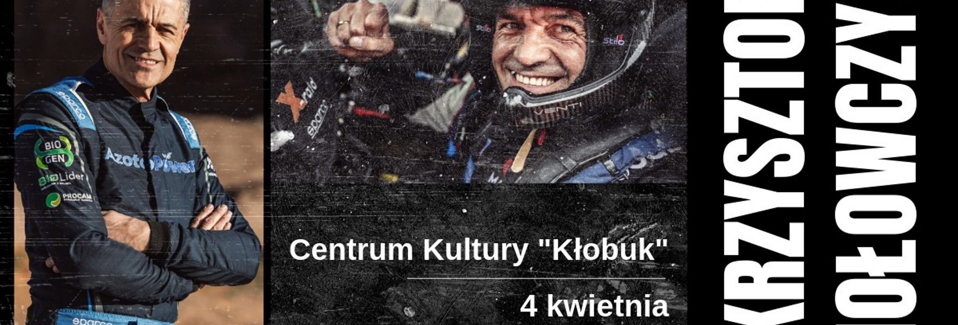 Plakat zapraszający w czwartek 4 kwietnia 2024 r. do Mikołajek na spotkanie z Krzysztofem Hołowczycem: "Motosport - mój sposób na życie" Mikołajki 2024.