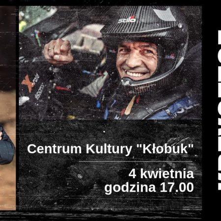 Plakat zapraszający w czwartek 4 kwietnia 2024 r. do Mikołajek na spotkanie z Krzysztofem Hołowczycem: "Motosport - mój sposób na życie" Mikołajki 2024.