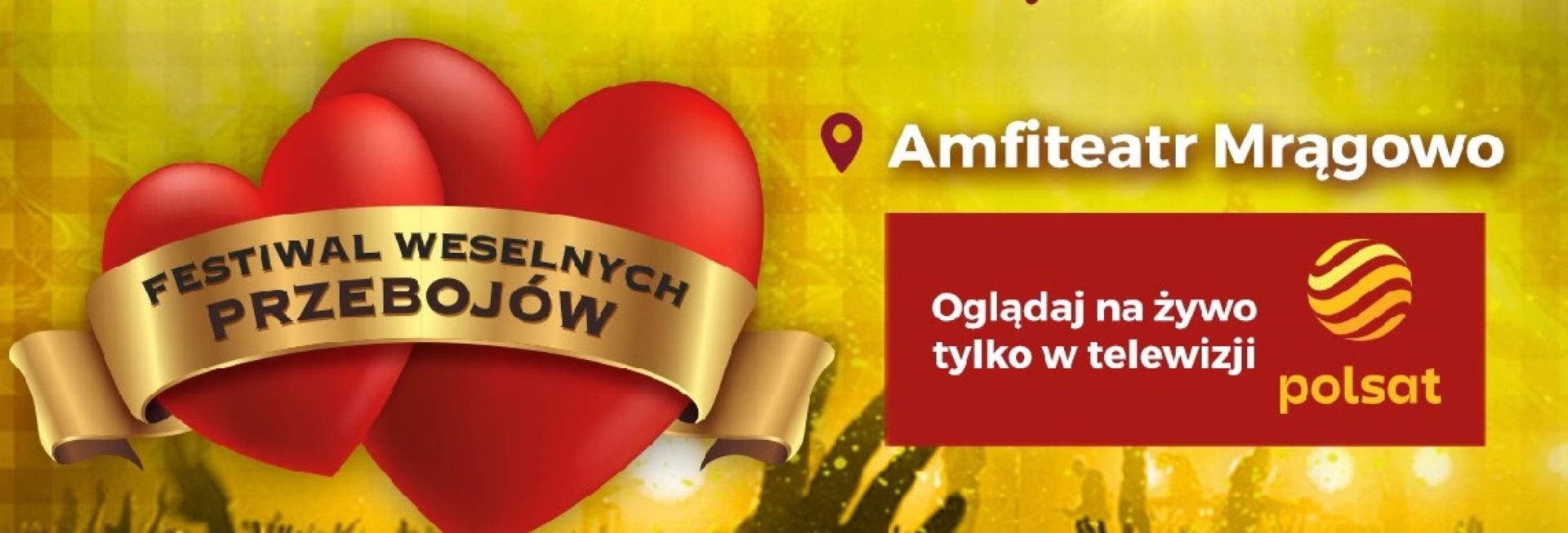 Plakat zapraszający w dniach 16-17 sierpnia 2024 r. do Mrągowa na cykliczną imprezę Festiwal Weselnych Przebojów Mrągowo 2024.
