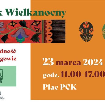 Plakat zapraszający w sobotę 23 marca 2024 r. do Mrągowa na kolejną edycję Jarmarku Wielkanocnego "Różnorodność kultur w Mrągowie" Mrągowo 2024. 