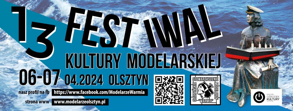 Plakat zapraszający w dniach 6-7 kwietnia 2024 r. do Olsztyna na Festiwal Kultury Modelarskiej Olsztyn 2024. 
