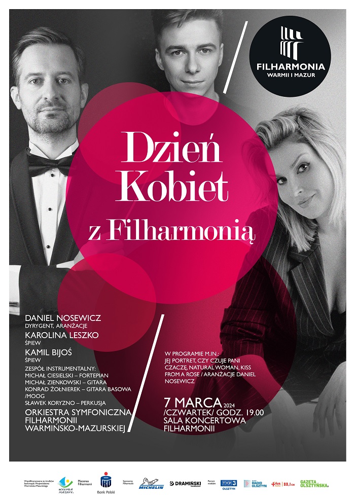 Plakat zapraszający w czwartek 7 marca 2024 r. do Olsztyna na koncert z okazji Dnia Kobiet w Filharmonii Olsztyn 2024.