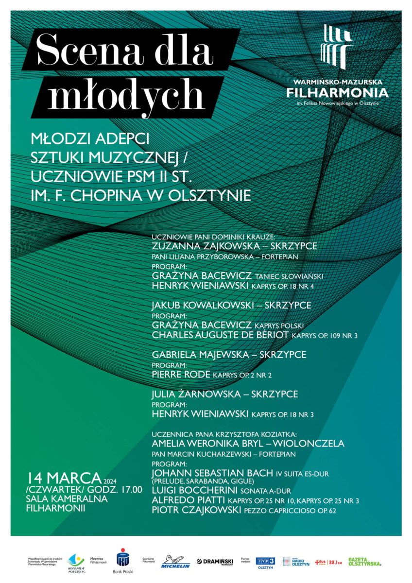 Plakat zapraszający w czwartek 14 marca 2024 r. do Olsztyna na koncert "Scena dla młodych" Filharmonia Olsztyn 2024.