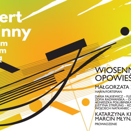 Plakat zapraszający w niedzielę 17 marca 2024 r. do Olsztyna na koncert rodzinny ze Smokiem Kwintusiem i Fermatką – "Wiosenne opowieści" Filharmonia Olsztyn 2024.