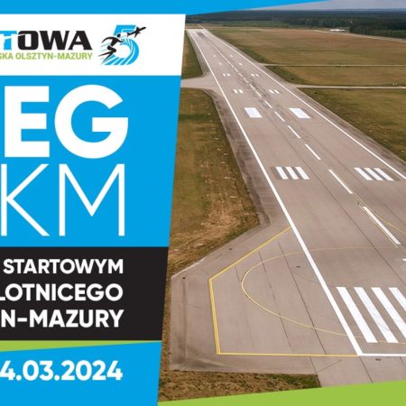Plakat zapraszający w niedzielę 24 marca 2024 r. na Lotnisko Olsztyn-Mazury w Szymanach na bieg na pasie startowym Portu Lotniczego Olsztyn-Mazury "Odlotowa5" Szymany 2024.
