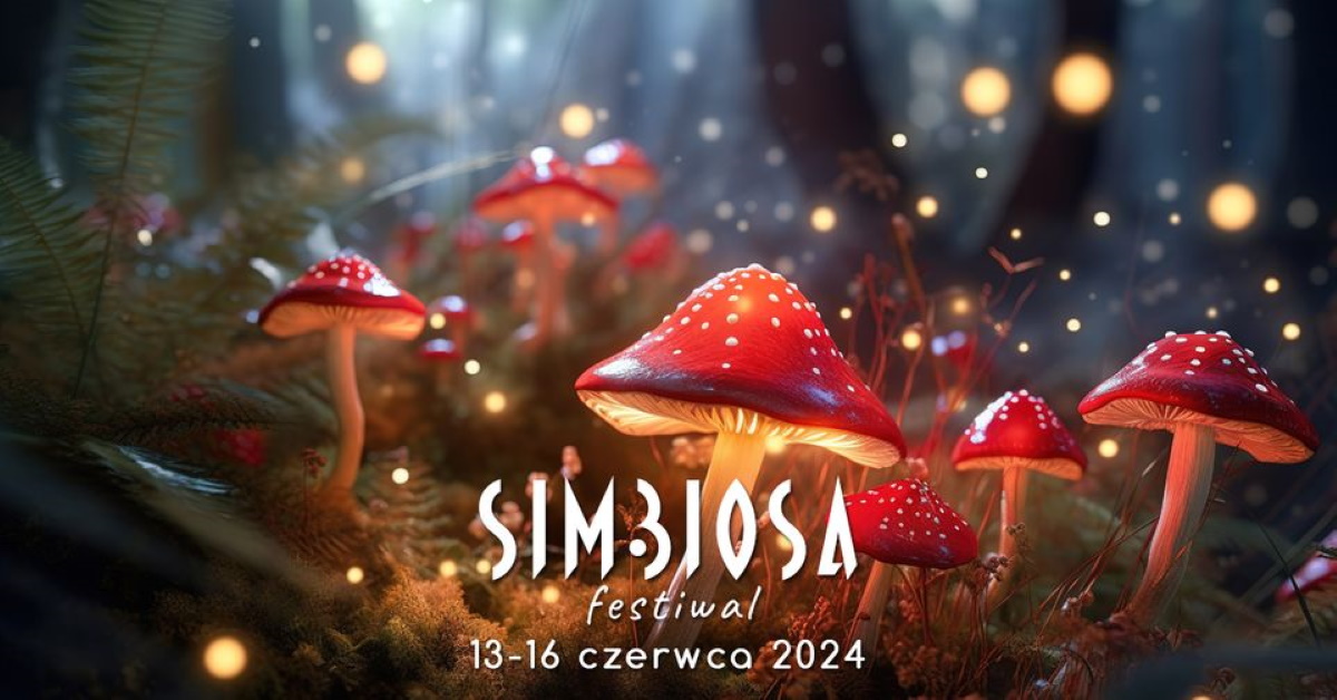 Plakat zapraszający w dniach 13-16 czerwca 2024 r. do miejscowości Warchały na kolejną edycję Festiwalu Simbiosa Warchały 2024.