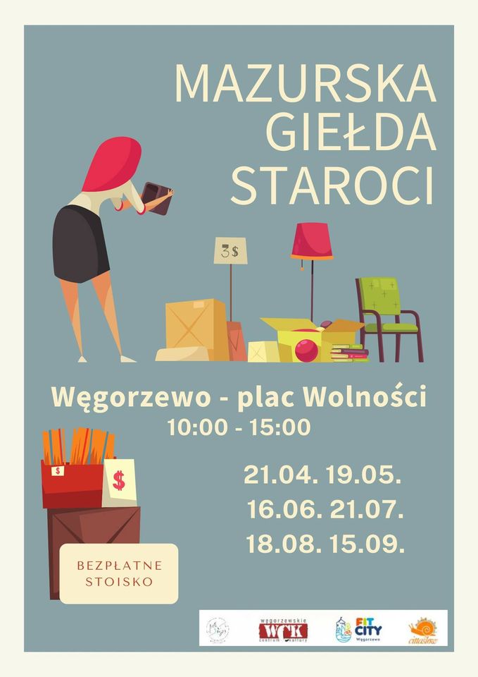 Plakat zapraszający do Węgorzewa na Mazurską Giełdę Staroci Węgorzewo 2024. 