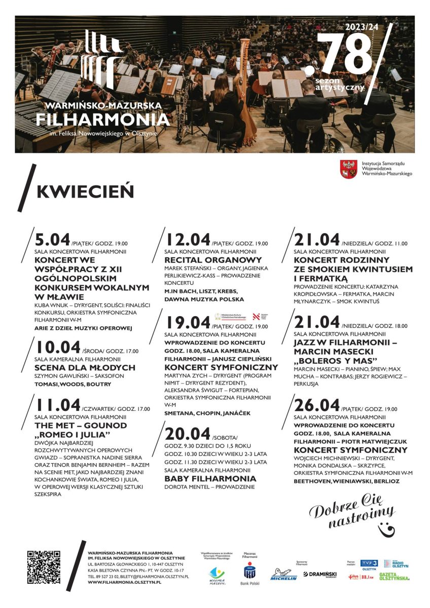 Kalendarz imprez organizowany w Filharmonii w Olsztynie w kwietniu 2024 roku.