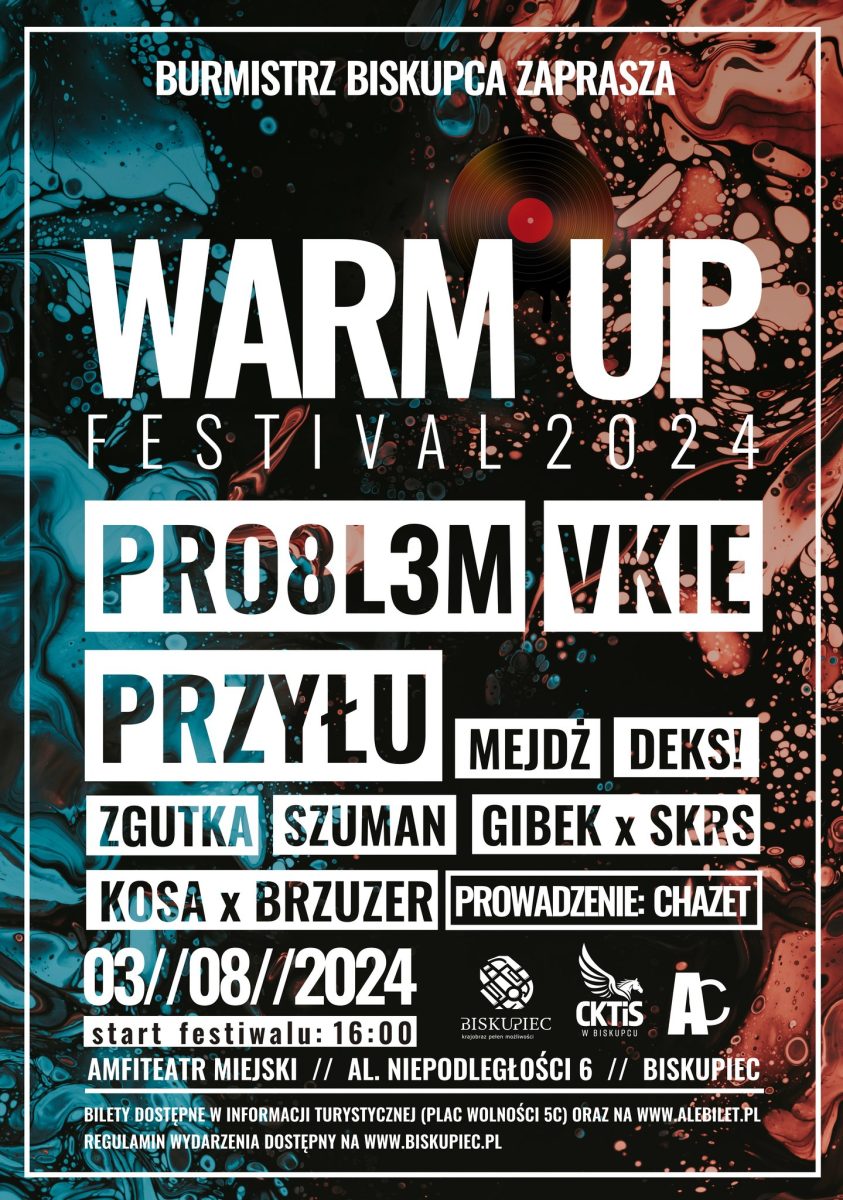 Plakat zapraszający w sobotę 3 sierpnia 2024 r. do Biskupca na kolejną edycję imprezy Warm Up Festival Biskupiec 2024.