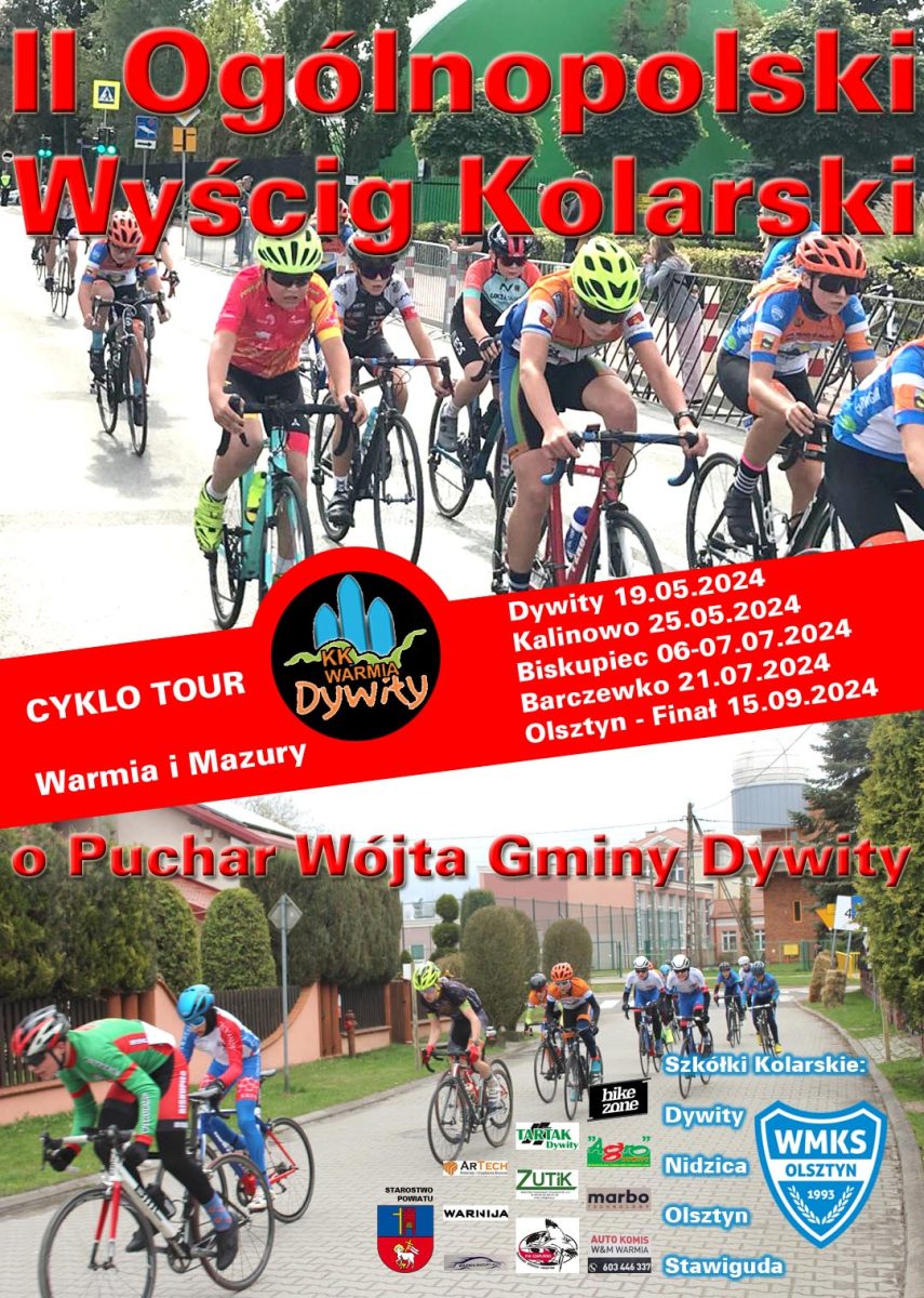 Plakat zapraszający w niedzielę 19 maja 2024 r. do Dywit na 2. edycję Ogólnopolskiego Wyścigu Kolarskiego o Puchar Wójta Gminy Dywity 2024.