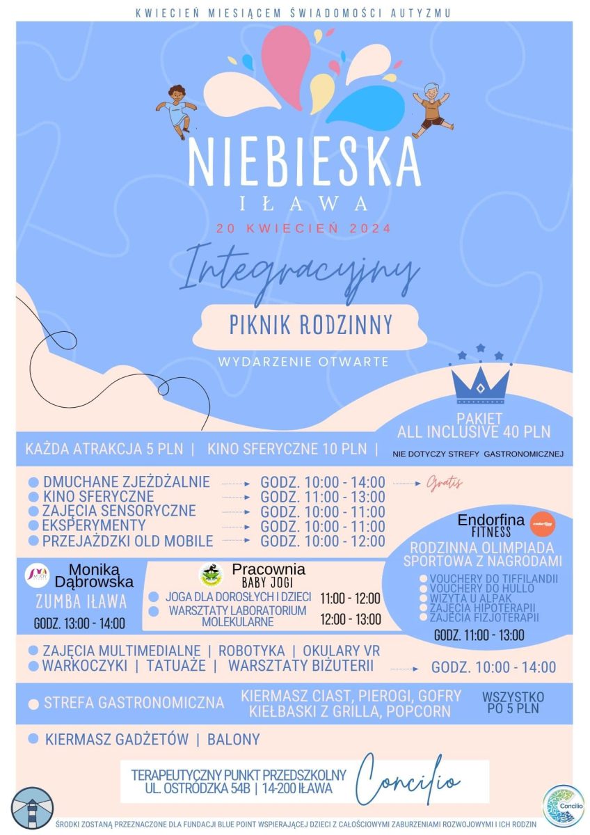 Plakat zapraszający w sobotę 20 kwietnia 2024 r. do Iławy na Integracyjny Piknik Niebieska Iława 2024.