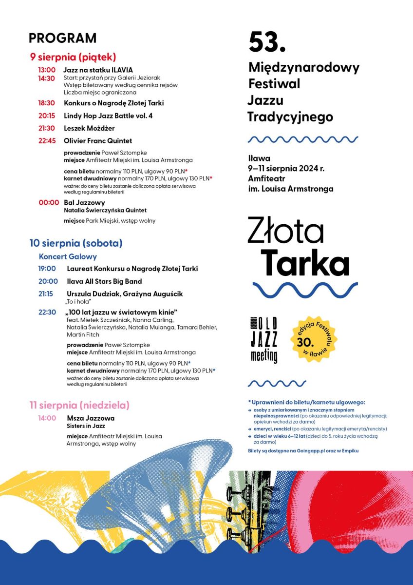 Plakat zapraszający na Międzynarodowy Festiwal Jazzu Tradycyjnego Złota Tarka 2024 - program imprezy. 