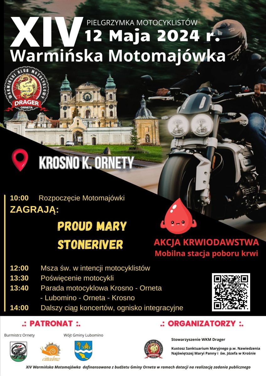 Plakat zapraszający do miejscowości Krosno k. Ornety na Warmińską Motomajówkę.