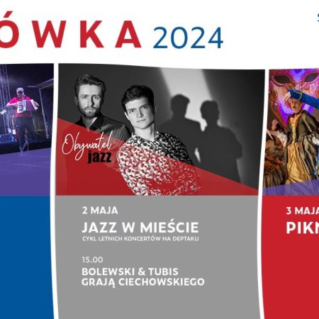 Plakat zapraszający w dniach 1-3 maja 2024 r. do Mrągowa na Majówkę w Mrągowie 2024.