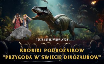 Plakat zapraszający w poniedziałek 21 października 2024 r. do Mrągowa na Kroniki Podróżników: Przygoda w Świecie Dinozaurów - Spektakl 3D Mrągowo 2024.