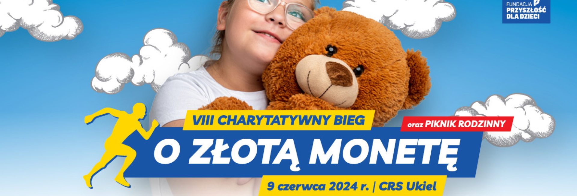 Plakat zapraszający w niedzielę 9 czerwca 2024 r. do Olsztyna na 8. edycję Charytatywnego Biegu o Złotą Monetę Olsztyn 2024.