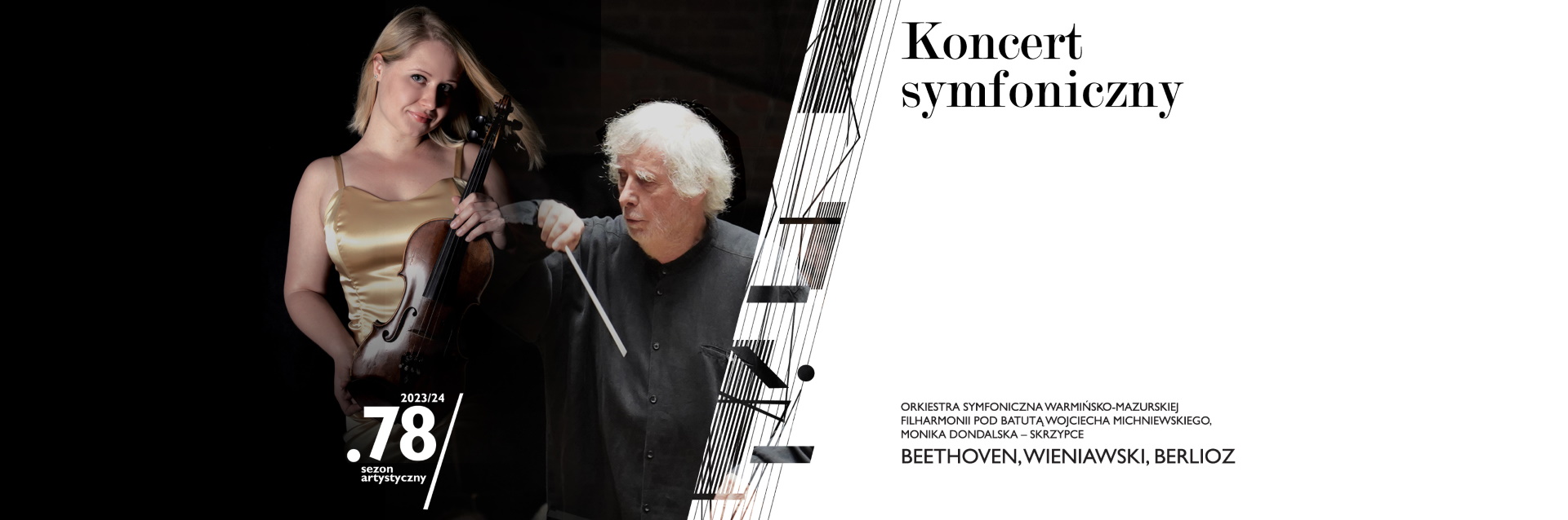 Plakat zapraszający w piątek 26 kwietnia 2024 r. do Olsztyna na koncert symfoniczny Filharmonia Olsztyn 2024. 