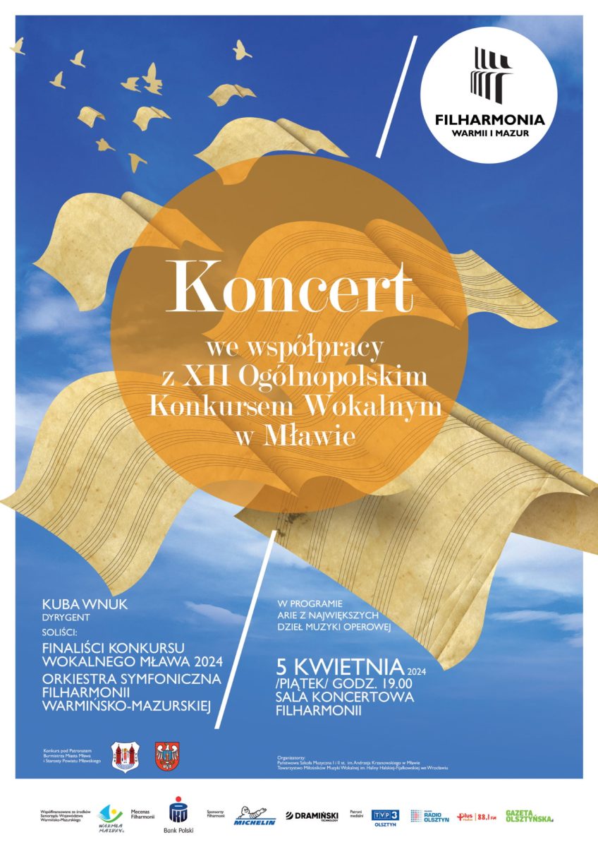 Plakat zapraszający w piątek 5 kwietnia 2024 r. do Olsztyna na koncert we współpracy z XII Ogólnopolskim Konkursem Wokalnym w Mławie Filharmonia Olsztyn 2024.