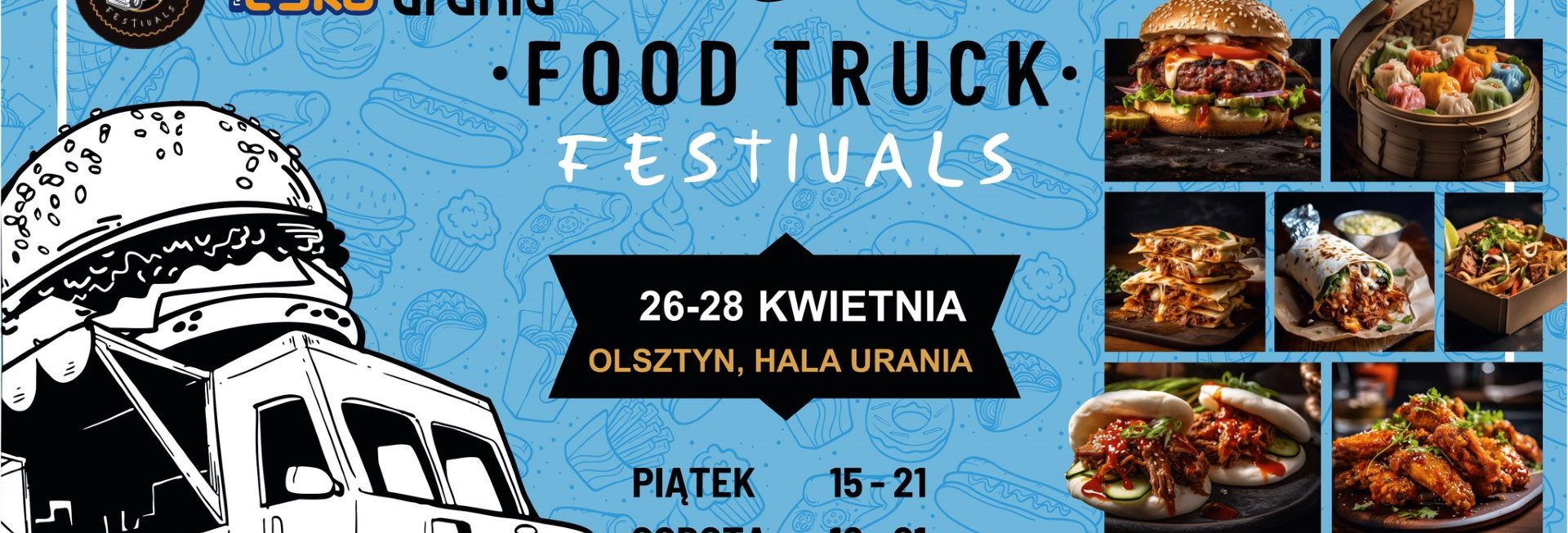 Plakat zapraszający w dniach 26-28 kwietnia 2024 r. do Olsztyna na Food Truck Festivals "JemyNaUranii" Olsztyn 2024.