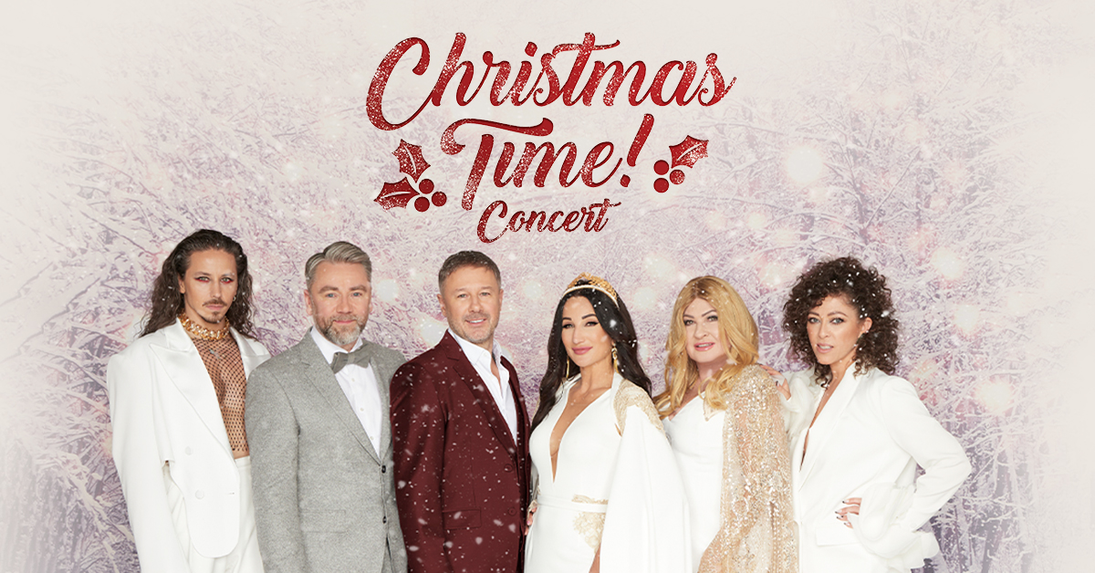 Plakat zapraszający w niedzielę 15 grudnia 2024 r. do Olsztyna na koncert świąteczny "Christmas Time! Concert" Hala Urania Olsztyn 2024.